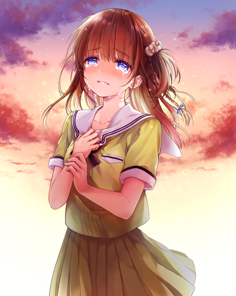 1girl bangs blue_bow blue_eyes blush bow braid breasts brown_hair clouds clutching_chest collarbone commentary_request cover_image crying crying_with_eyes_open double_horizontal_stripe eyebrows_visible_through_hair fingernails floating_hair fukakai_na_boku_no_subete_wo hair_between_eyes hair_bow hair_ornament hand_on_own_chest hand_on_own_wrist konayama_kata mizunoe_kotone one_side_up parted_lips pleated_skirt sailor_collar school_uniform serafuku shirt short_hair side_braid skirt sky small_breasts solo tears violet_eyes wavy_mouth white_sailor_collar yellow_serafuku yellow_shirt yellow_skirt