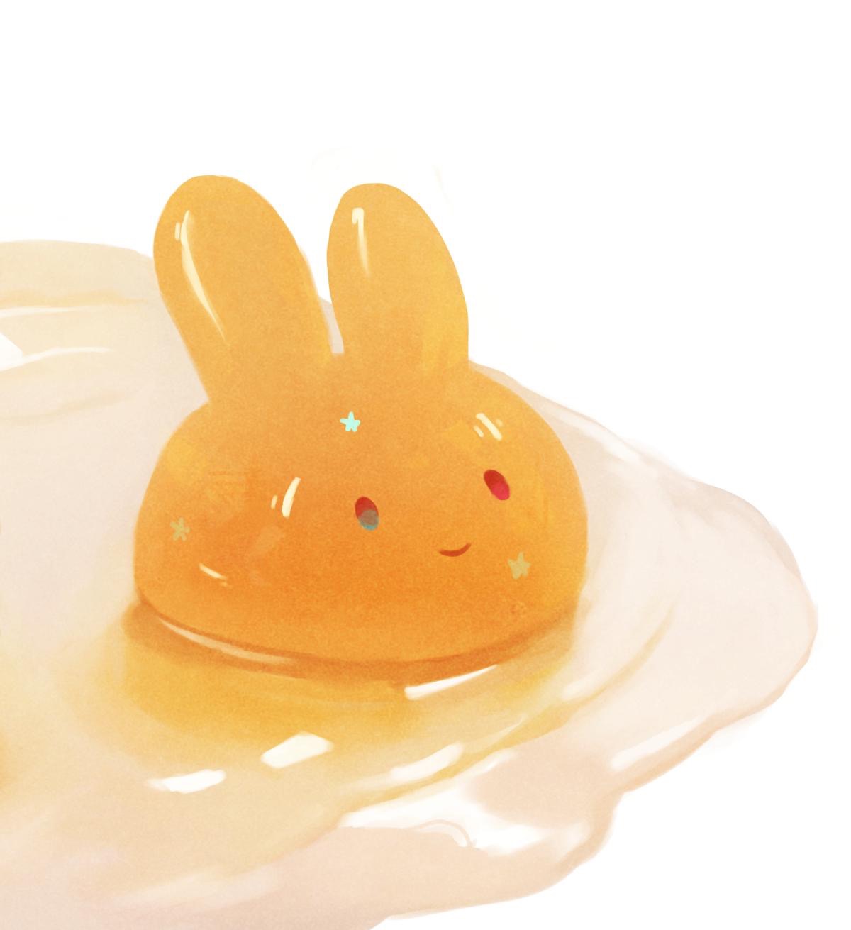 commentary_request food fried_egg highres manino_(mofuritaionaka) no_humans original rabbit simple_background smile solid_oval_eyes sunny_side_up_egg white_background