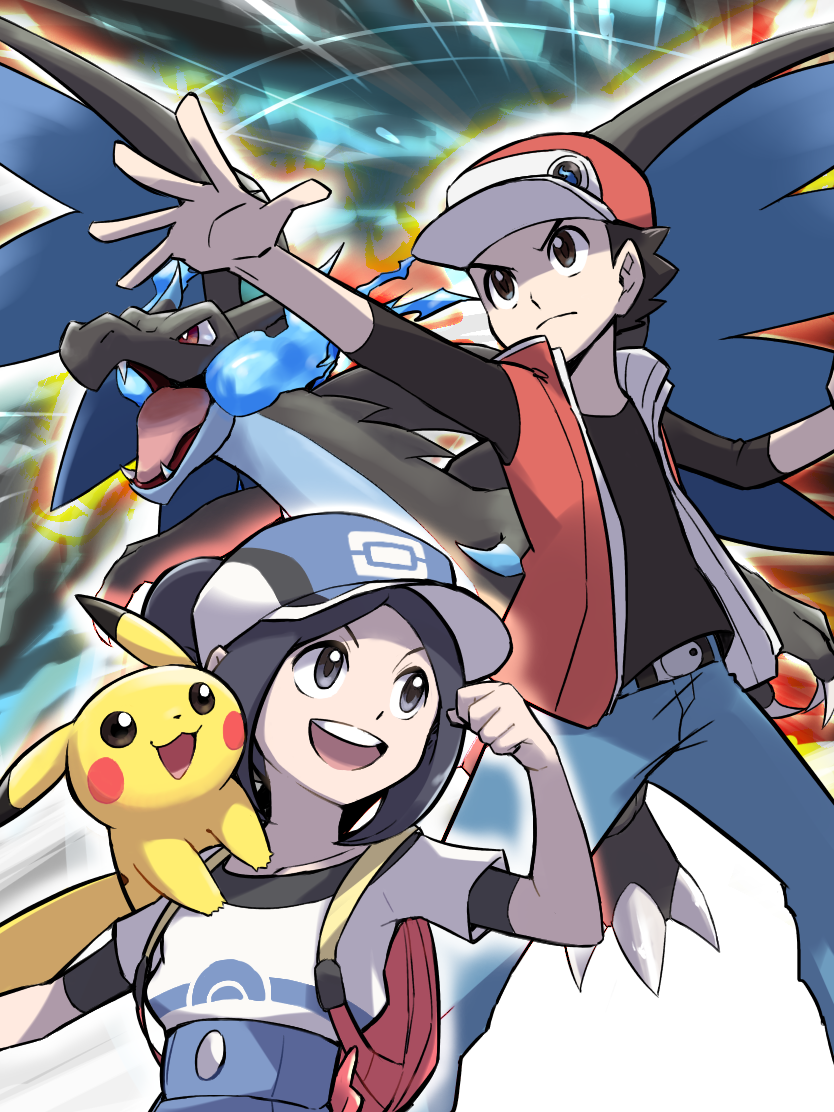 1boy 1girl :d ayo009 backpack bag baseball_cap belt black_hair commentary_request creature flat_chest gen_1_pokemon happy hat mega_charizard_x mega_pokemon on_shoulder open_mouth pants pikachu pokemon pokemon_(creature) pokemon_(game) pokemon_masters pokemon_on_shoulder pokemon_trainer ponytail pose red_(pokemon) serious smile