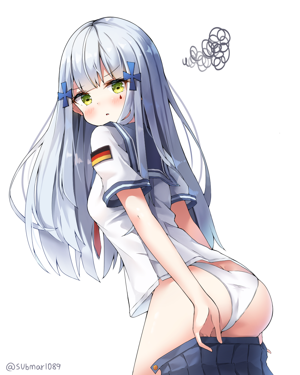 1girl ass bangs blue_sailor_collar blue_skirt blush breasts commentary eyebrows_visible_through_hair facial_mark german_flag girls_frontline hair_ornament highres hk416_(girls_frontline) holding_skirt leaning_forward long_hair looking_at_viewer looking_to_the_side necktie panties parted_lips pleated_skirt red_neckwear sailor_collar school_uniform serafuku shirt silver_hair simple_background skirt small_breasts sobmarine solo squiggle twitter_username underwear v-shaped_eyebrows very_long_hair white_background white_panties white_shirt
