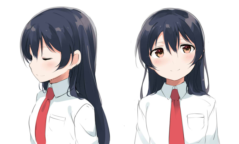 1girl bangs blue_hair closed_eyes closed_mouth commentary_request eyebrows_visible_through_hair hair_between_eyes long_hair long_sleeves looking_at_viewer love_live! love_live!_school_idol_project multiple_persona necktie red_neckwear shirt simple_background smile solo sonoda_umi totoki86 upper_body white_background white_shirt yellow_eyes