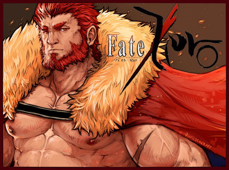 1boy abs bara beard body_hair cape chest facial_hair fate/zero fate_(series) fur_collar looking_at_viewer male_focus manly muscle nipples pectorals red_eyes redhead rider_(fate/zero) rumlockerart scar simple_background solo