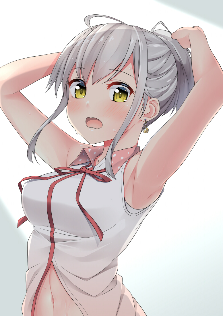 1girl armpits arms_up bangs bare_arms bare_shoulders blush breasts chaostein collared_shirt commentary_request crescent crescent_earrings earrings eyebrows_visible_through_hair grey_hair jewelry looking_at_viewer medium_breasts navel neck_ribbon open_mouth original ponytail red_ribbon ribbon shirt sidelocks sleeveless sleeveless_shirt solo sweat upper_body white_shirt yellow_eyes