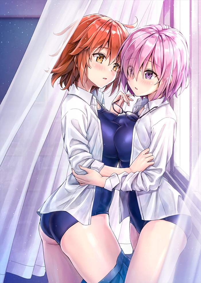 2girls ahoge ass asymmetrical_docking bangs bare_shoulders black-framed_eyewear blue_skirt blue_swimsuit blush breast_press breasts brown_eyes commentary_request competition_school_swimsuit curtains dust_particles eyebrows_visible_through_hair eyes_visible_through_hair eyewear_removed fate/grand_order fate_(series) from_side fujimaru_ritsuka_(female) glasses hair_between_eyes hair_over_one_eye holding holding_eyewear indoors kotatsu_(kotatsu358) large_breasts long_sleeves mash_kyrielight multiple_girls off_shoulder one-piece_swimsuit open_clothes open_shirt orange_hair parted_lips pink_hair shirt short_hair skindentation skirt skirt_pull swimsuit thighs violet_eyes white_shirt window yuri