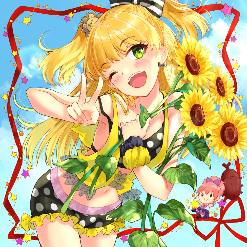 1girl ;d bare_arms bare_shoulders black_shorts blonde_hair blue_sky blush bow character_doll clouds collarbone commentary_request cowboy_shot crop_top day fingernails flower frilled_shorts frills green_eyes hair_bow head_tilt holding holding_flower idolmaster idolmaster_cinderella_girls jougasaki_mika jougasaki_rika leaning_forward long_hair midriff miyabi_akino navel one_eye_closed open_mouth outdoors polka_dot polka_dot_shorts red_ribbon ribbon see-through short_shorts shorts sky smile solo star striped striped_bow sunflower two_side_up v very_long_hair yellow_flower