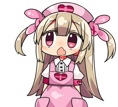 &gt;_&lt; 1girl apron armband bangs blush brown_hair bunny_hair_ornament center_frills chestnut_mouth collared_shirt commentary_request eyebrows_visible_through_hair fang hair_between_eyes hair_ornament hat kanikama long_hair looking_away looking_to_the_side lowres natori_sana nurse_cap open_mouth pink_apron pink_headwear puffy_short_sleeves puffy_sleeves red_eyes sana_channel shirt short_sleeves simple_background solo two_side_up very_long_hair virtual_youtuber white_background white_shirt