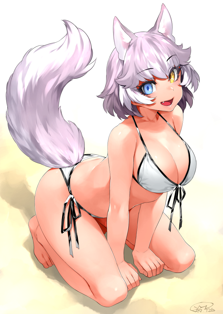 1girl animal_ears barefoot bikini blue_eyes breasts dated dog_(mixed_breed)_(kemono_friends) dog_ears dog_tail eyebrows_visible_through_hair fang front-tie_bikini front-tie_top grey_hair happa_(cloverppd) heterochromia kemono_friends large_breasts looking_at_viewer multicolored_hair open_mouth short_hair side-tie_bikini solo swimsuit tail two-tone_hair white_bikini white_hair yellow_eyes