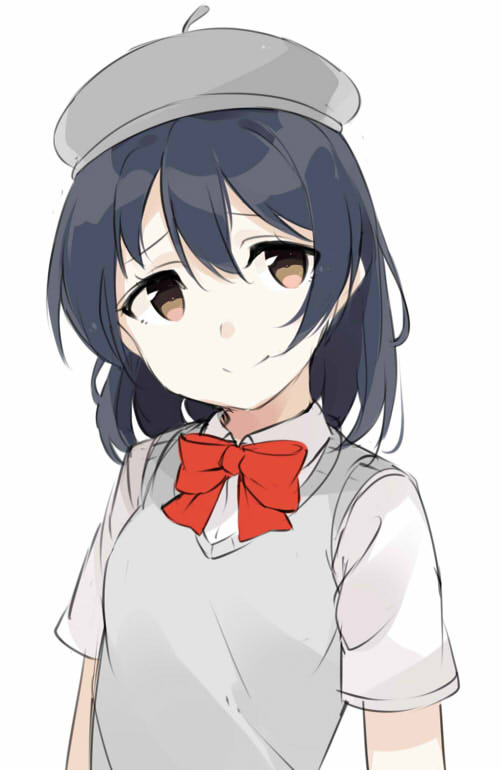 1girl alternate_hair_length alternate_hairstyle bangs beret blue_hair bow bowtie closed_mouth commentary_request grey_vest hair_between_eyes hat looking_at_viewer love_live! love_live!_school_idol_project red_neckwear short_sleeves simple_background smile solo sonoda_umi standing totoki86 upper_body vest white_background yellow_eyes
