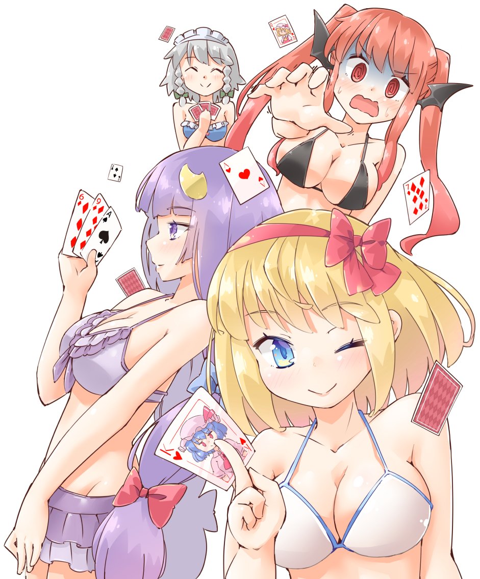 4girls ;) @_@ ^_^ ace_of_hearts ace_of_spades alice_margatroid alternate_hairstyle arnest bandeau bangs bare_arms bare_shoulders bikini bikini_skirt black_bikini blonde_hair blue_bikini blue_bow blue_eyes blue_hair blue_skirt blush bow braid breasts card closed_eyes collarbone commentary_request cowboy_shot crescent crescent_hair_ornament demon_wings dress eyebrows_visible_through_hair facing_viewer flandre_scarlet frilled_bikini frills from_side green_bow groin hair_bow hair_ornament hairband halterneck hand_up hat hat_ribbon head_wings holding holding_card izayoi_sakuya koakuma large_breasts long_hair looking_at_viewer maid_headdress medium_breasts miniskirt mob_cap multiple_girls no_hat no_headwear one_eye_closed open_mouth patchouli_knowledge pink_dress pink_headwear profile purple_bikini purple_hair reaching_out red_bow red_eyes red_hairband red_ribbon red_vest redhead remilia_scarlet ribbon shaded_face short_hair sidelocks silver_hair simple_background skirt smile standing stomach strapless strapless_bikini sweat swimsuit touhou twin_braids twintails upper_body very_long_hair vest violet_eyes white_background white_bikini wings