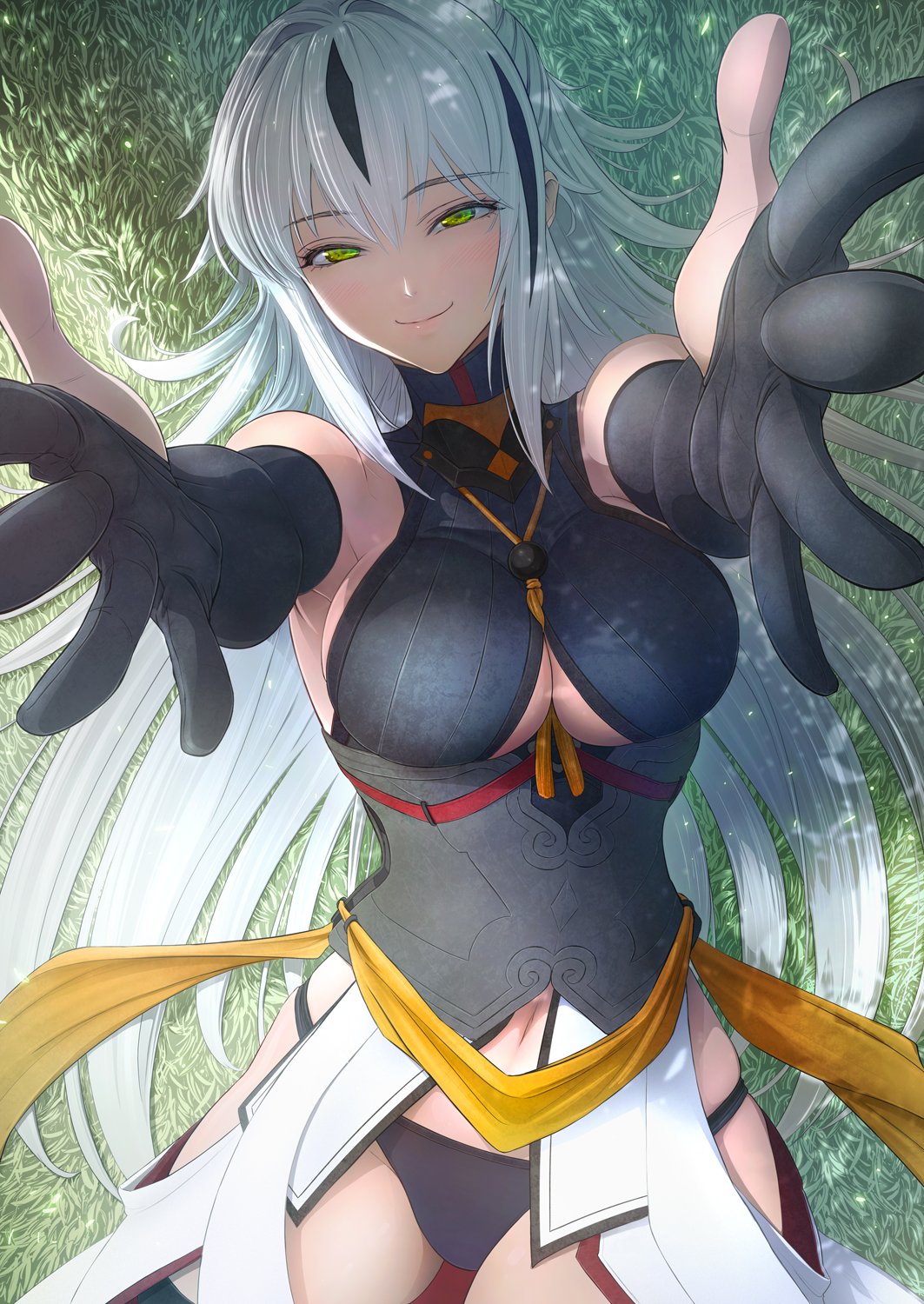 1girl armor black_hair blush breastplate breasts check_commentary cleavage_cutout commentary commentary_request elbow_gloves fate/grand_order fate_(series) foreshortening gloves grass green_eyes hair_between_eyes highres imizu_(nitro_unknown) incoming_hug limited_palette long_hair looking_at_viewer lying multicolored_hair nagao_kagetora_(fate) navel on_back outstretched_arms panties pantyshot pantyshot_(standing) partly_fingerless_gloves reaching_out sideboob sleeveless smile solo standing thigh-highs two-tone_hair under_boob underwear upper_body white_hair