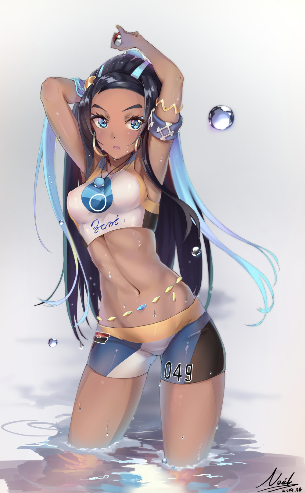 1girl 2019 armlet arms_up belly_chain bikini bikini_shorts black_hair blue_eyes blue_hair breasts collarbone dark_skin dated earrings grey_background groin highres holding holding_poke_ball jewelry long_hair looking_at_viewer medium_breasts multicolored_hair muramasa_(sg_epk) navel necklace o-ring poke_ball pokemon pokemon_(game) pokemon_swsh print_bikini rurina_(pokemon) shorts solo sports_bikini standing swimsuit two-tone_hair very_long_hair wading wet
