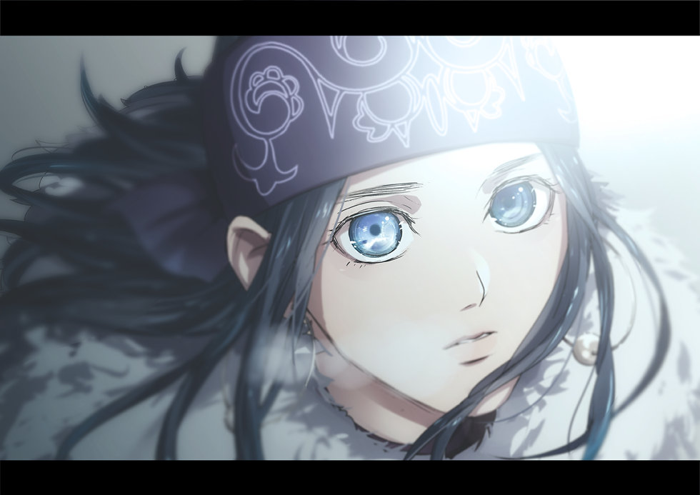 1girl asirpa black_hair blue_eyes floating_hair golden_kamuy headband long_hair looking_at_viewer parted_lips portrait print_headband shiny shiny_hair solo sumi_tooru