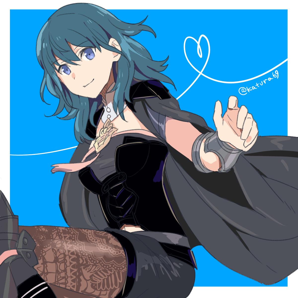 1girl armor black_shorts blue_background blue_eyes blue_hair byleth byleth_(female) closed_mouth female_my_unit_(fire_emblem:_three_houses) fire_emblem fire_emblem:_three_houses fire_emblem:_three_houses fire_emblem_heroes highres intelligent_systems juria0801 medium_hair my_unit_(fire_emblem:_three_houses) nintendo shorts simple_background solo twitter_username