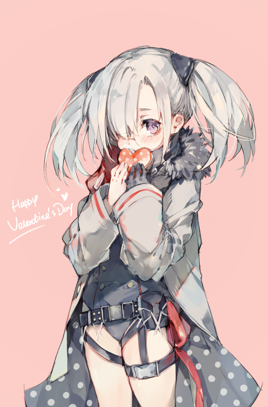 1girl bangs belt belt_buckle blush buckle coat english_text facing_viewer fur girls_frontline glasses gloves grey_hair hair_ornament hair_over_one_eye happy_valentine heart highres hk21_(girls_frontline) holding holding_heart hood hood_down jacket long_hair long_sleeves looking_at_viewer open_clothes pink_background round_eyewear shuzi simple_background single_glove solo standing thigh_strap twintails upper_body valentine violet_eyes