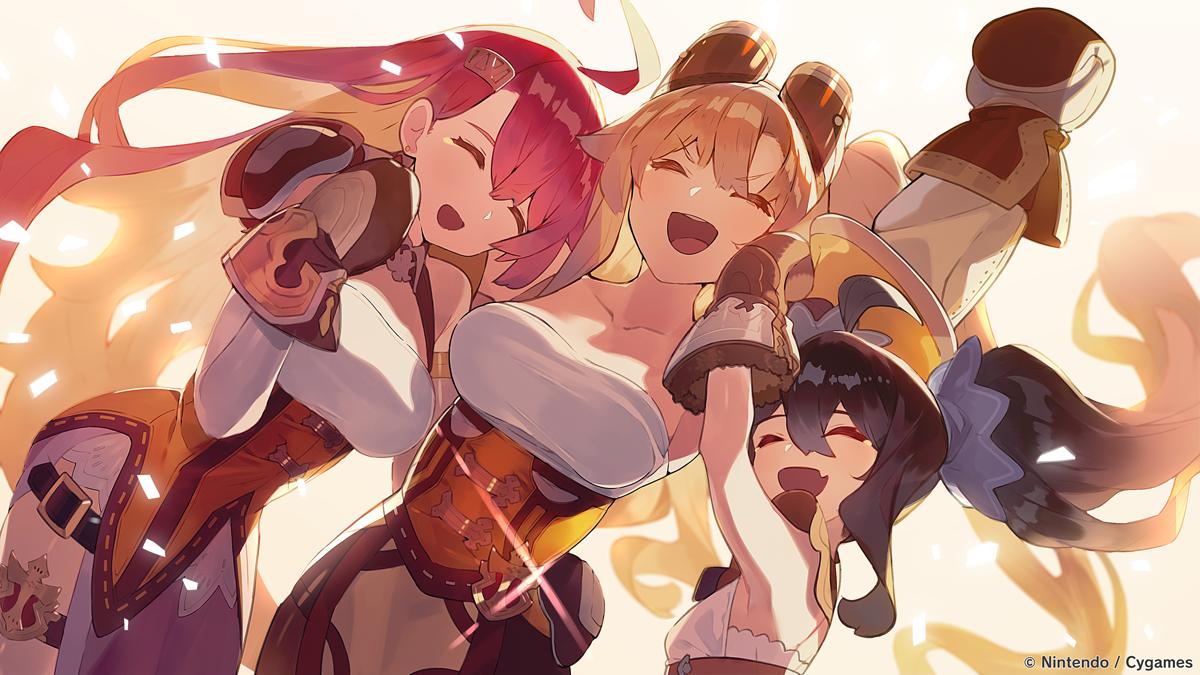 3girls armpit_peek artist_request bare_shoulders black_hair blonde_hair blue_ribbon breasts closed_eyes collarbone commentary company_name dragalia_lost fang goggles goggles_on_head hair_ornament hair_ribbon hairpin large_breasts long_hair mittens multiple_girls official_art open_mouth pink_hair ramona_(dragalia_lost) rena_(dragalia_lost) renee_(dragalia_lost) ribbon shadow siblings simple_background sisters small_breasts smile very_long_hair watermark white_background