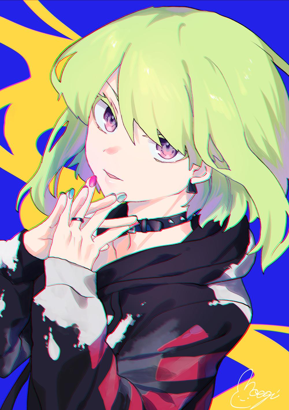 1boy blonde_hair blush earrings green_hair highres hood jacket jewelry lio_fotia looking_at_viewer male_focus moegi0926 nail_polish open_mouth promare simple_background smile solo violet_eyes