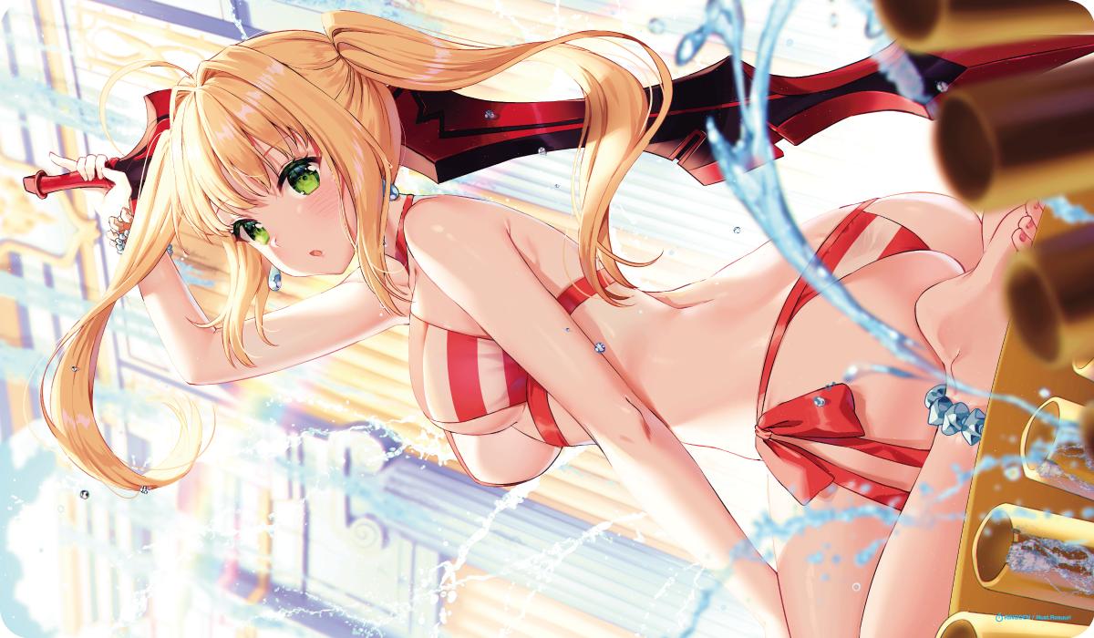 1girl aestus_estus ahoge arm_up ass bangs bare_shoulders barefoot bikini blonde_hair blush breasts commentary_request earrings eyebrows_visible_through_hair fate/grand_order fate_(series) green_eyes holding holding_sword holding_weapon indoors jewelry long_hair looking_at_viewer medium_breasts nero_claudius_(fate)_(all) nero_claudius_(swimsuit_caster)_(fate) open_mouth ringoen scrunchie shiny shiny_hair shiny_skin simple_background sitting solo striped swimsuit sword thighs tied_hair toenail_polish toes water water_drop weapon
