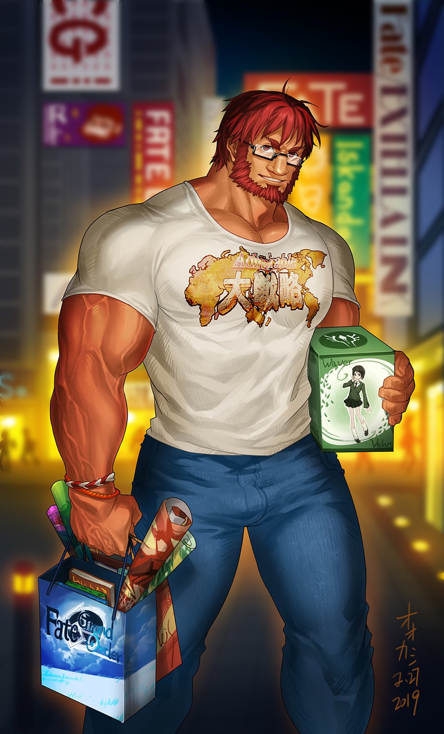 1boy abs ahegao bangs bara beard biceps bracelet bulge chest denim facial_hair fate/grand_order fate_(series) figure glasses highres jeans jewelry looking_at_viewer male_focus muscle ookami_r pants pectorals red_eyes redhead rider_(fate/zero) shirt smile solo standing t-shirt teeth upper_body veins