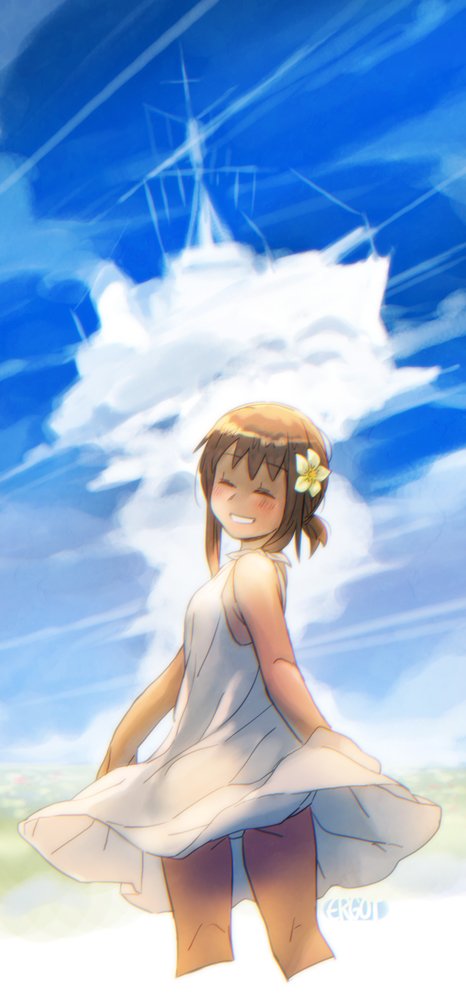 1girl blue_sky brown_hair closed_eyes clouds commentary_request day dress ergot flower from_behind fubuki_(destroyer) fubuki_(kantai_collection) hair_flower hair_ornament kantai_collection looking_back low_ponytail outdoors panties pantyshot ponytail short_hair short_ponytail sidelocks sky sleeveless sleeveless_dress smile solo sundress underwear white_dress white_panties