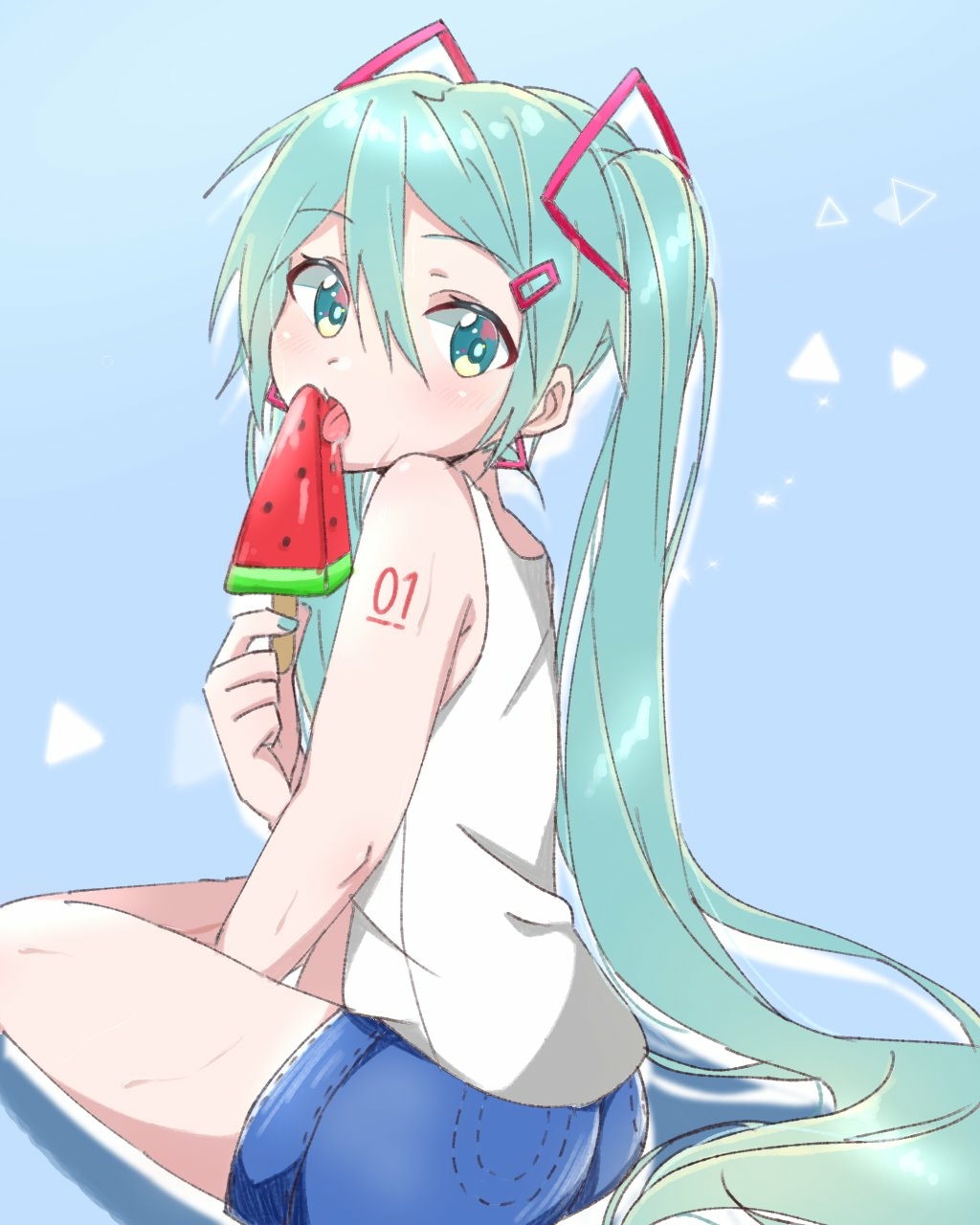 1girl aqua_eyes aqua_hair ass bare_legs blue_background blue_nails body_writing commentary_request denim denim_shorts eyebrows_visible_through_hair food hair_ornament hatsune_miku highres licking long_hair looking_at_viewer looking_back nail_polish popsicle saliva shirt shorts sitting solo supo01 tongue very_long_hair vocaloid watermelon_bar white_shirt