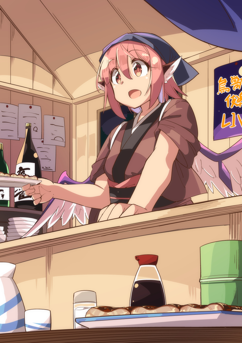 1girl animal_ears bird_wings blue_headwear bottle brown_kimono choko_(cup) commentary_request counter cup eyebrows_visible_through_hair food food_stand hair_between_eyes head_scarf highres holding holding_plate indoors japanese_clothes kimono looking_away moja_(moja4192) mystia_lorelei obi okamisty open_mouth pink_hair plate sash sausage short_hair short_sleeves solo soy_sauce tenugui tokkuri touhou wings yatai yunomi