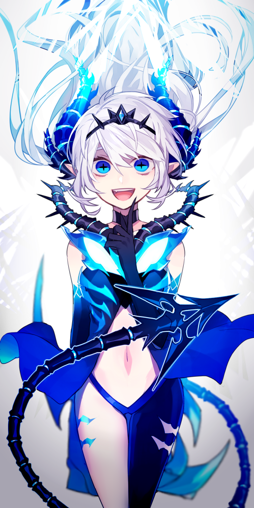 1girl :d black_gloves blue_eyes blue_pants demon_tail elbow_gloves elsword fang floating_hair gloves hair_between_eyes horns index_finger_raised long_hair looking_at_viewer luciela_r._sourcream midriff misusugi navel open_mouth pants silver_hair slit_pupils smile solo standing stomach tail very_long_hair