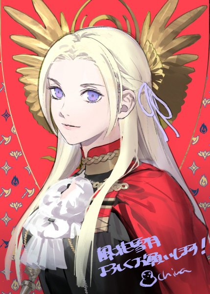 1girl bangs blonde_hair braid cape closed_mouth commentary cravat crest edelgard_von_hresvelgr_(fire_emblem) fire_emblem fire_emblem:_three_houses fire_emblem:_three_houses forehead hair_ribbon intelligent_systems kurahana_chinatsu lips long_hair looking_at_viewer nintendo parted_bangs purple_hair red_background red_cape ribbon signature smile solo upper_body