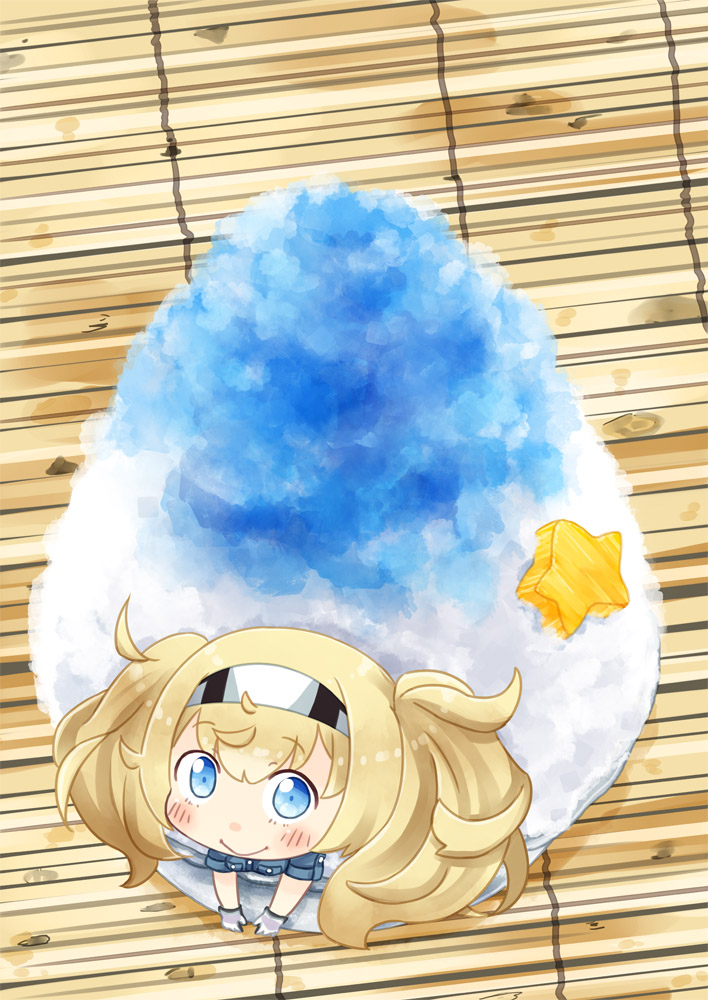 1girl bamboo_screen blonde_hair blue_eyes blue_hawaii blue_shirt collared_shirt commentary_request gambier_bay_(kantai_collection) gloves hair_between_eyes hairband hinata_yuu kantai_collection multicolored multicolored_clothes multicolored_gloves pocket shaved_ice shirt short_sleeves smile star twintails