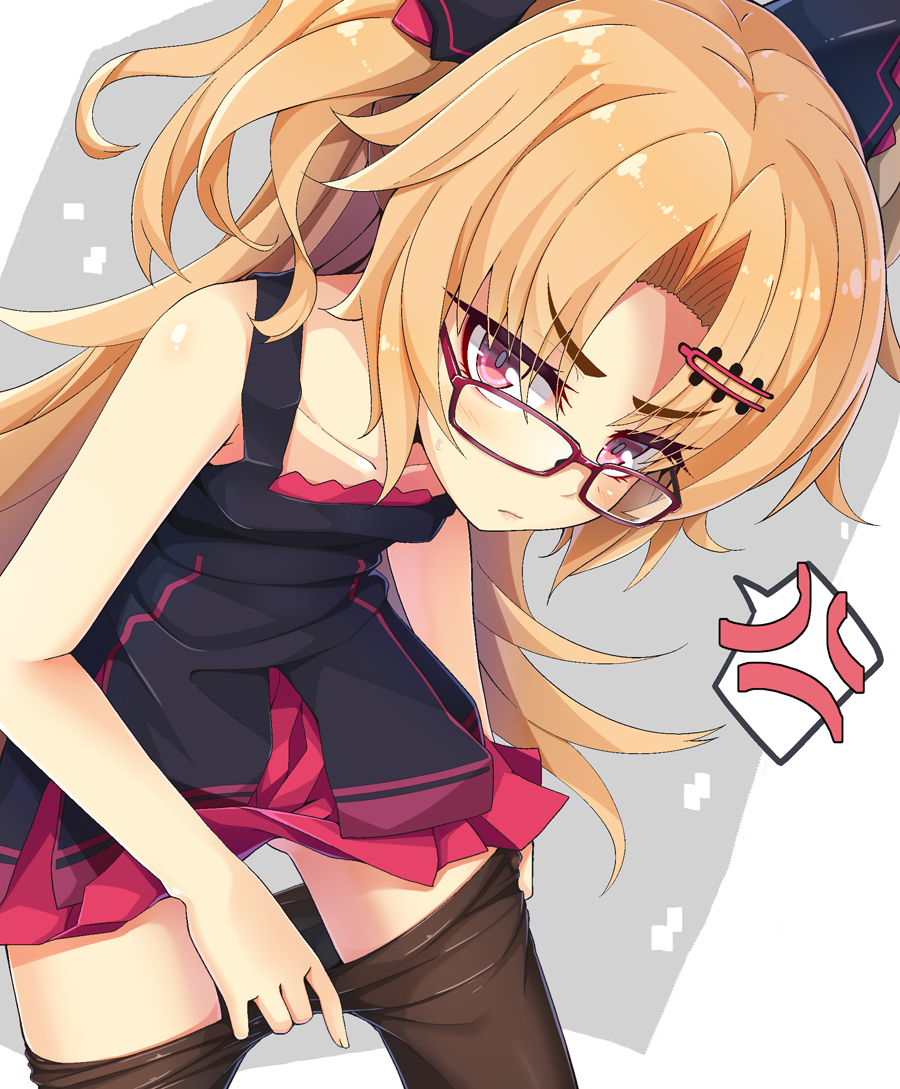 1girl akatsuki_yuni anger_vein bangs bare_arms bare_shoulders black_dress blonde_hair blush brown_legwear closed_mouth collarbone commentary_request dress eyebrows_visible_through_hair glasses grey_background hair_ornament hairclip long_hair looking_at_viewer ogami_kazuki pantyhose pantyhose_pull parted_bangs red-framed_eyewear red_eyes sleeveless sleeveless_dress solo spoken_anger_vein sweat two-tone_background two_side_up uni_channel v-shaped_eyebrows very_long_hair virtual_youtuber white_background