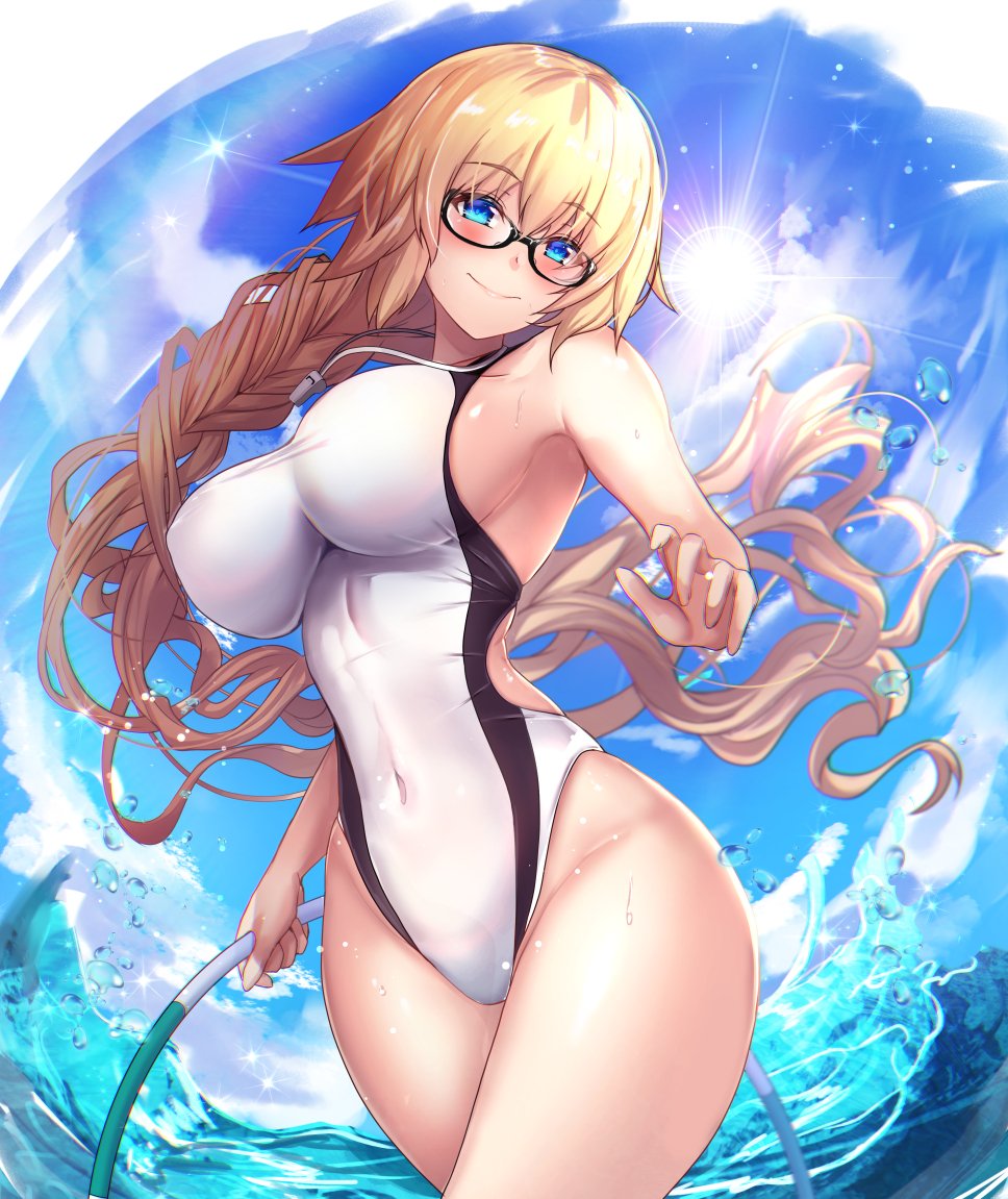 1girl bangs blonde_hair blue_eyes blue_sky blush braid breasts clouds competition_swimsuit covered_navel day eyebrows_visible_through_hair fate/grand_order fate_(series) glasses hair_between_eyes hairband hand_up holding holding_hula_hoop hoop hula_hoop jeanne_d'arc_(fate)_(all) jeanne_d'arc_(swimsuit_archer) large_breasts long_hair looking_at_viewer one-piece_swimsuit outdoors sidelocks single_braid sky smile solo splashing swimsuit taut_clothes taut_swimsuit untsue very_long_hair wading whistle whistle_around_neck white_swimsuit