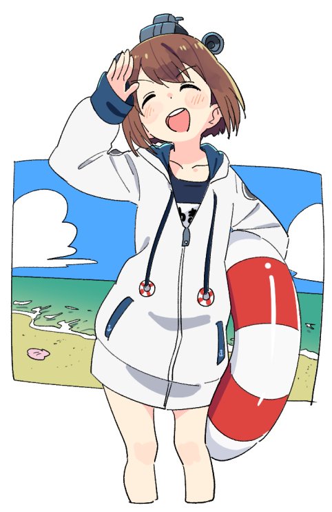 1girl anchor anchor_symbol bangs beach blush brown_hair closed_eyes clouds day eyebrows_visible_through_hair headgear holding hood hood_down hooded_jacket innertube jacket kantai_collection long_sleeves name_tag ocean one-piece_swimsuit open_mouth outdoors sand shell short_hair sky solo swimsuit swimsuit_under_clothes tonmoh yukikaze_(kantai_collection) zipper