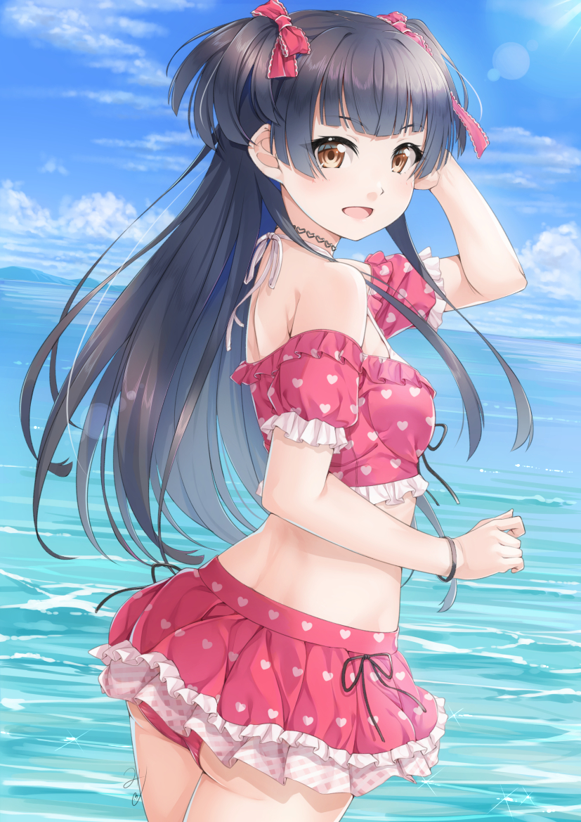 1girl :d arm_up ass bangs bare_shoulders bikini bikini_skirt black_hair blue_sky blush bow breasts brown_eyes clouds cloudy_sky commentary_request cowboy_shot day eyebrows_visible_through_hair frilled_bikini frills hair_bow heart heart_print horizon idolmaster idolmaster_shiny_colors long_hair looking_at_viewer looking_to_the_side mayuzumi_fuyuko miri_(ago550421) ocean open_mouth outdoors print_bikini red_bikini red_bow signature sky small_breasts smile solo swimsuit two_side_up v-shaped_eyebrows very_long_hair water