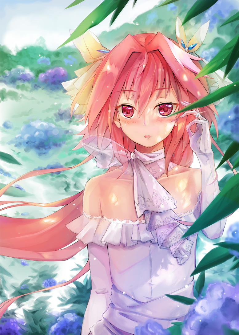 1boy a-1_pictures alternate_hairstyle astolfo_(fate) bangs bare_shoulders blue_flower blurry blush bow collarbone commentary_request day depth_of_field detached_collar dress dying_(dying0414) elbow_gloves eyebrows_visible_through_hair fang fate/apocrypha fate/grand_order fate/stay_night fate_(series) floating_hair flower glint gloves grass hair_between_eyes hair_bow hair_intakes hair_ribbon hand_up jewelry leaf light_particles long_hair looking_at_viewer male_focus multicolored_hair off-shoulder_dress off_shoulder otoko_no_ko outdoors parted_lips pink_eyes pink_hair purple_flower ribbon ring see-through solo streaked_hair tokyo_mx trap type-moon upper_body wedding_band wedding_dress white_dress white_gloves white_hair white_neckwear wind yellow_bow yellow_ribbon