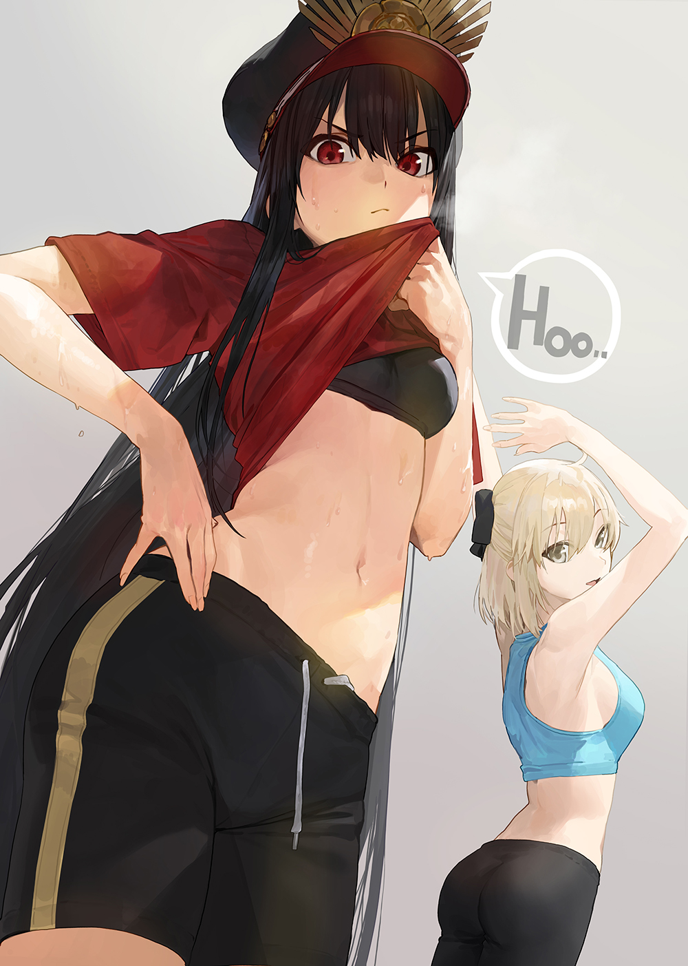 2girls ahoge ass bangs bare_shoulders black_bow black_hair black_headwear black_pants black_shorts blonde_hair blush bow breasts closed_mouth family_crest fate/grand_order fate_(series) grey_background hair_between_eyes hair_bow half_updo hat highres koha-ace long_hair looking_at_viewer medium_breasts military_hat mossi multiple_girls navel oda_nobunaga_(fate) oda_uri okita_souji_(fate) okita_souji_(fate)_(all) open_mouth pants peaked_cap red_eyes red_shirt shirt shirt_lift short_hair short_sleeves shorts small_breasts smile sports_bra t-shirt very_long_hair yellow_eyes yoga_pants