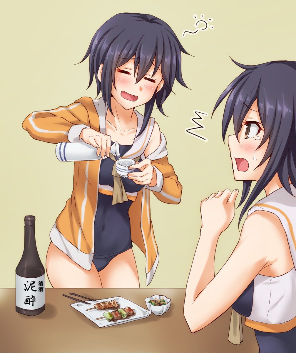 2girls alcohol anti_(untea9) asymmetrical_hair black_hair black_swimsuit bottle choko_(cup) commentary_request cowboy_shot cup drunk flying_sweatdrops food framed_breasts grey_background hair_between_eyes highres i-13_(kantai_collection) i-14_(kantai_collection) jacket kantai_collection kebab multiple_girls open_clothes open_jacket orange_jacket pouring sailor_collar sake sake_bottle school_swimsuit short_hair simple_background standing swimsuit white_sailor_collar