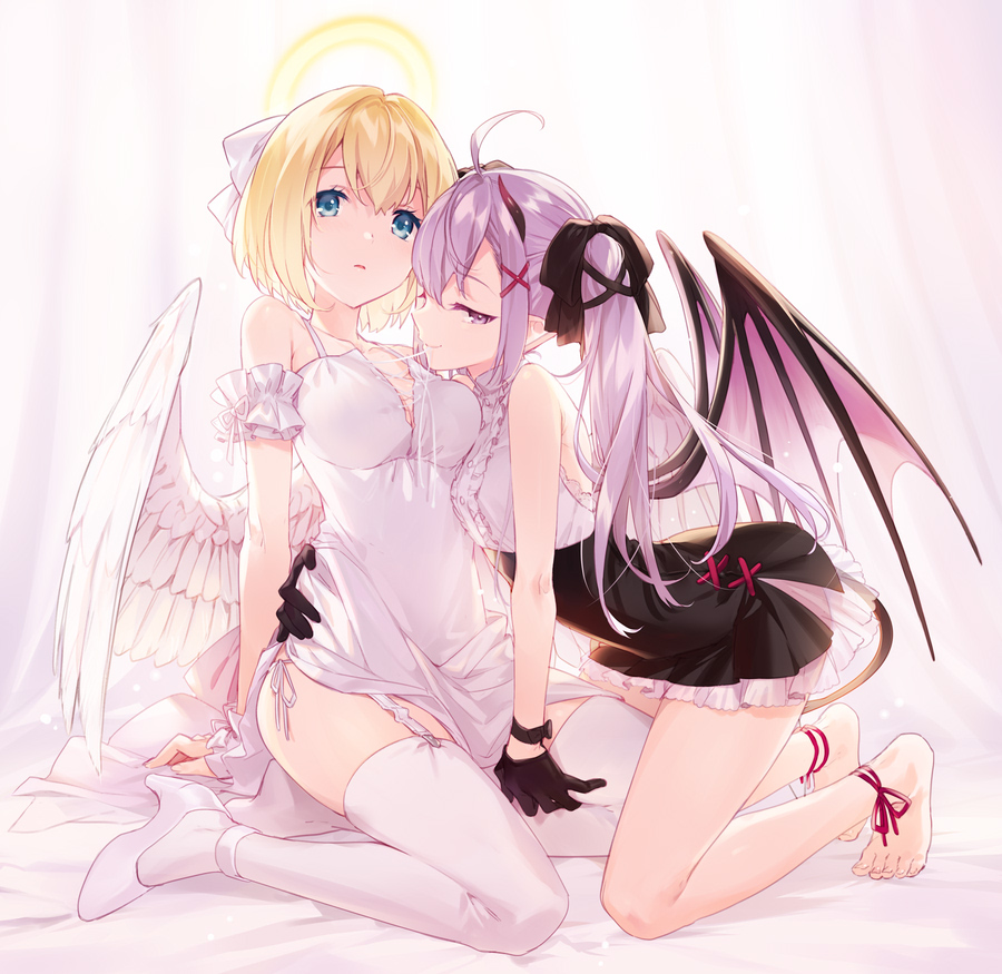 2girls angel_wings asahikawa_hiyori bangs bare_shoulders barefoot bed_sheet black_bow black_gloves black_skirt blonde_hair bow breasts center_frills commentary_request curtains demon_tail demon_wings dress eyebrows_visible_through_hair feathered_wings garter_straps gloves green_eyes hair_between_eyes hair_bow hair_ornament halo hand_on_another's_waist high_heels long_hair medium_breasts multiple_girls original panties pink_wings purple_hair shirt shoes side-tie_panties sidelocks skirt sleeveless sleeveless_dress sleeveless_shirt tail thigh-highs twintails underwear very_long_hair violet_eyes white_dress white_footwear white_legwear white_panties white_shirt white_wings wings x_hair_ornament