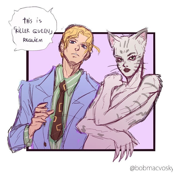 1boy 1girl animal_ears blonde_hair bobbyvosk cat_ears cat_girl cats_(musical) diamond_wa_kudakenai formal jojo_no_kimyou_na_bouken jojo_pose killer_queen kira_yoshikage looking_at_viewer necktie pink_fur pose signature sketch stand_(jojo) suit whiskers