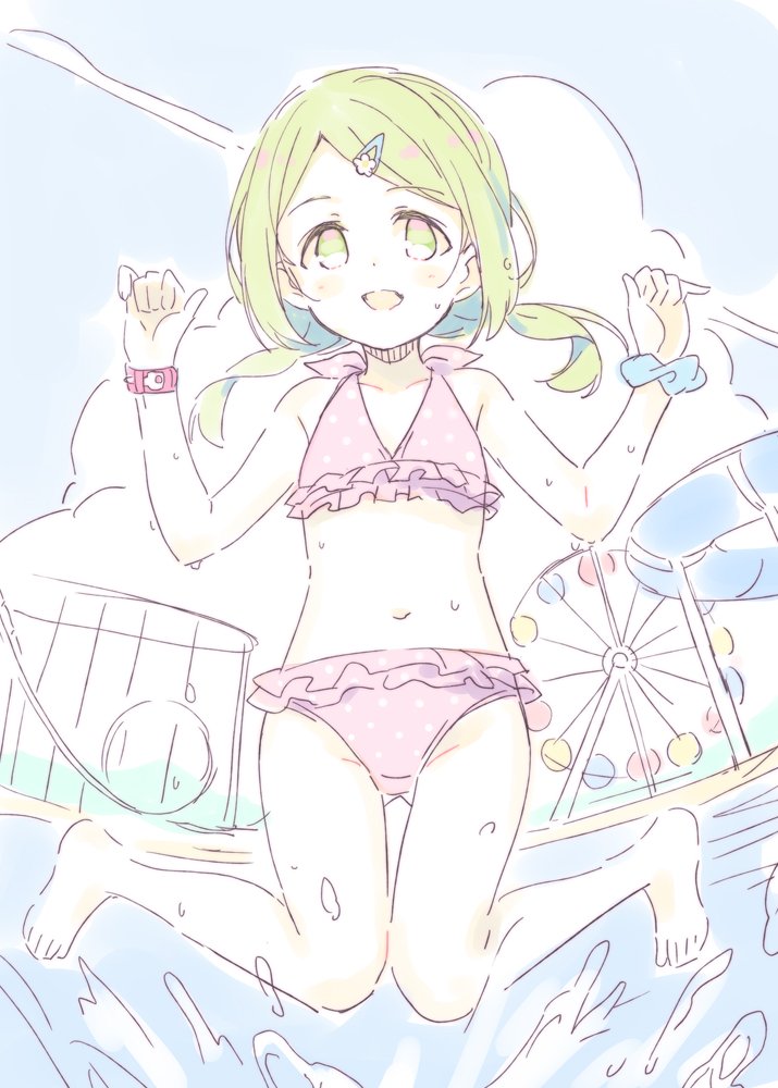 1girl :d bangs bare_legs bare_shoulders barefoot bikini blue_scrunchie blue_sky blush clouds cloudy_sky collarbone day ferris_wheel flower frilled_bikini frills full_body green_eyes green_hair groin hair_flower hair_ornament hairclip hands_up long_hair meito_(maze) morinaka_kazaki navel nijisanji open_mouth outdoors pink_bikini polka_dot polka_dot_bikini roller_coaster scrunchie sketch sky smile solo swept_bangs swimsuit virtual_youtuber water water_slide wet white_flower wrist_scrunchie