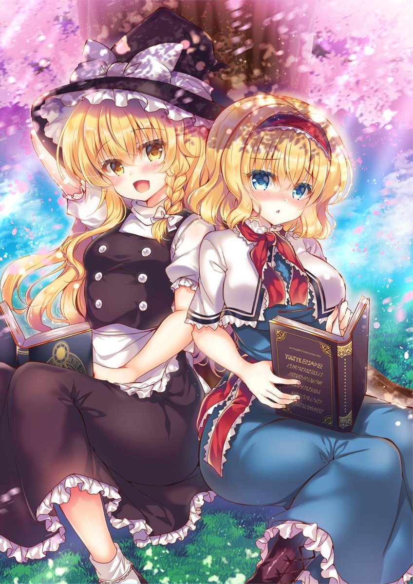2girls :d alice_margatroid apron arm_up black_dress black_footwear black_headwear blonde_hair blue_dress blue_eyes blush book boots braid capelet cherry_blossoms commentary_request dress grass hairband hat hat_ribbon holding holding_book kirisame_marisa long_hair looking_at_viewer multiple_girls neck_ribbon open_book open_mouth parted_lips red_neckwear ribbon shoes short_hair short_sleeves side-by-side sitting smile suzunone_rena touhou tree waist_apron witch_hat yellow_eyes