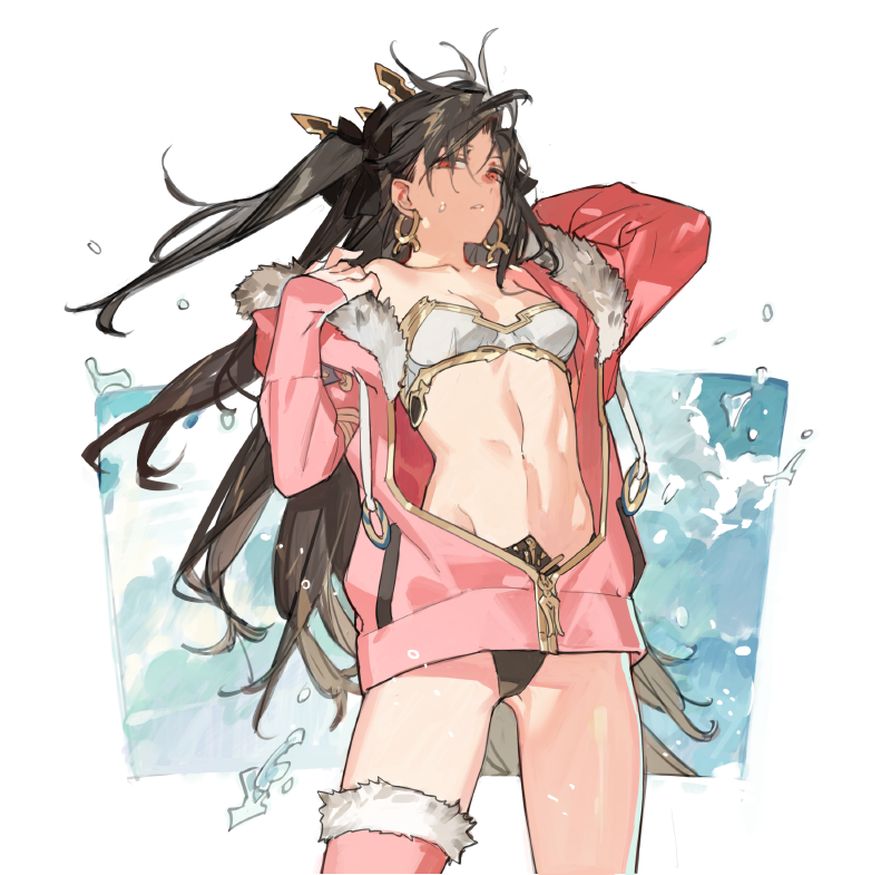 1girl ass_visible_through_thighs bikini black_hair collarbone earrings fate/grand_order fate_(series) fur_trim groin hair_ornament ishtar_(fate/grand_order) jacket jewelry long_hair navel open_clothes open_jacket pink_jacket red_eyes single_thighhigh solo starshadowmagician swimsuit thigh-highs toosaka_rin twintails water waves