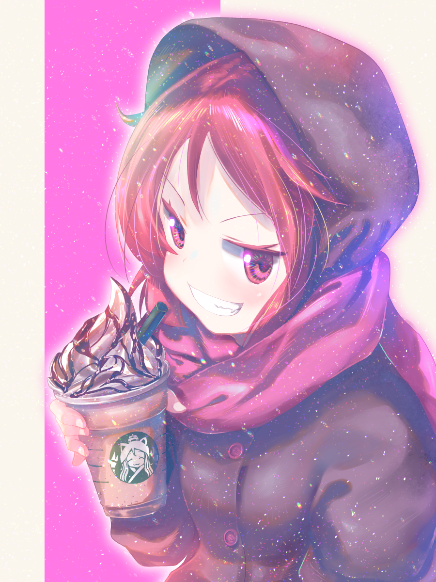 1girl black_coat blush brand_name_imitation chocolate_syrup commentary_request drink drinking_straw grin highres holding holding_drink hood hooded_jacket jacket kemurikusa looking_at_viewer pink_eyes pink_scarf redhead riku_(kemurikusa) ritsu_(kemurikusa) scarf smile solo starbucks upper_body usapenpen2019 v-shaped_eyebrows whipped_cream