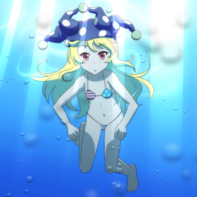 1girl :o air_bubble american_flag_bikini bangs bare_arms bare_legs bare_shoulders barefoot bikini blonde_hair blue_bikini breasts bubble cato_(monocatienus) clownpiece commentary_request eyebrows_visible_through_hair flag_print full_body hat jester_cap light_rays long_hair looking_at_viewer navel parted_lips polka_dot polka_dot_hat purple_headwear red_bikini red_eyes small_breasts solo star star_print stomach striped striped_bikini swimsuit thighs touhou underwater very_long_hair white_bikini