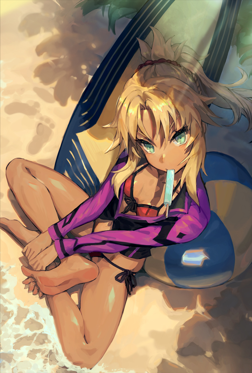 1girl aqua_eyes bangs bare_legs barefoot beach bikini black_ribbon blonde_hair commentary_request dappled_sunlight day ecien fate/grand_order fate_(series) feet food footprints from_above front-tie_bikini front-tie_top hair_ornament hair_scrunchie highres indian_style innertube long_hair long_sleeves looking_at_viewer looking_up mordred_(fate)_(all) mordred_(swimsuit_rider)_(fate) on_ground open_clothes outdoors parted_bangs popsicle red_bikini ribbon sand scrunchie side-tie_bikini sidelocks sitting smile soles solo sunlight surfboard swimsuit toes v-shaped_eyebrows water