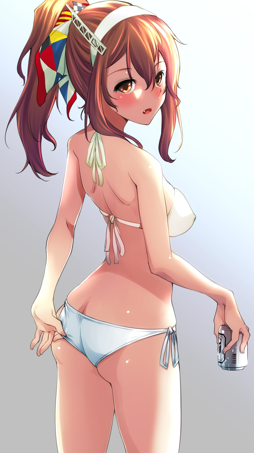 1girl ashigara_(kantai_collection) ass beer_can bikini brown_eyes brown_hair butt_crack can cowboy_shot fang from_behind gradient gradient_background grey_background hair_ribbon hairband highres horned_headwear kantai_collection kawamura_tsukasa long_hair multicolored multicolored_ribbon ponytail ribbon side-tie_bikini solo standing swimsuit wavy_hair white_bikini