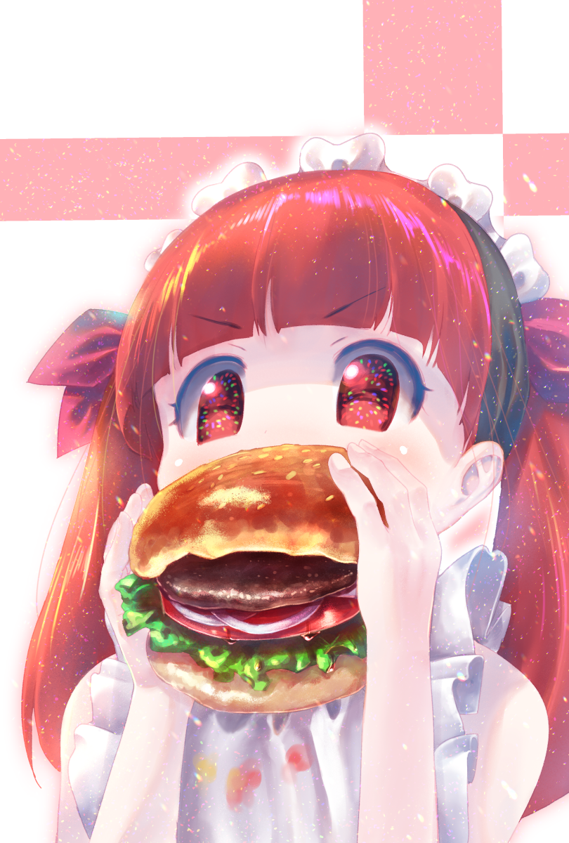 1girl bangs blunt_bangs blush bonnet bow commentary_request eyebrows_visible_through_hair food food_on_clothes hair_bow hamburger highres holding holding_food kemurikusa lettuce onion red_bow red_eyes redhead rina_(kemurikusa) solo tomato twintails upper_body usapenpen2019 v-shaped_eyebrows