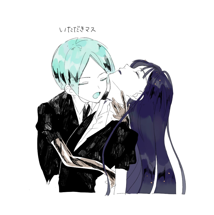 2others androgynous bad_id bad_pixiv_id bangs blue_hair closed_eyes crystal_hair gem_uniform_(houseki_no_kuni) gold golden_arms houseki_no_kuni kohaku_989 lapis_lazuli_(houseki_no_kuni) long_hair multiple_others necktie phosphophyllite short_hair short_sleeves white_background