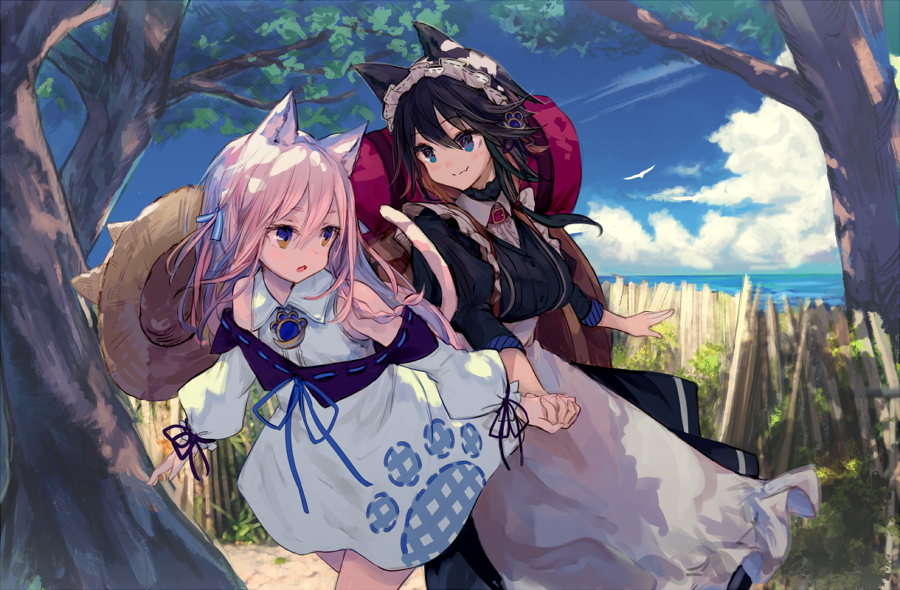2girls animal_ear_fluff animal_ears animal_hat apron backpack bag bangs bare_shoulders black_dress black_hair blue_eyes blue_sky blush breasts brown_eyes brown_headwear closed_mouth clouds commentary_request day detached_sleeves dress eyebrows_visible_through_hair fox_ears frilled_apron frills hair_between_eyes hat hat_removed headwear_removed holding_hands horizon juliet_sleeves long_sleeves maid medium_breasts multicolored_hair multiple_girls ocean original outdoors parted_lips pink_hair puffy_long_sleeves puffy_sleeves roll_okashi short_eyebrows sky sleeveless sleeveless_dress smile sun_hat thick_eyebrows tree two-tone_hair white_apron white_dress