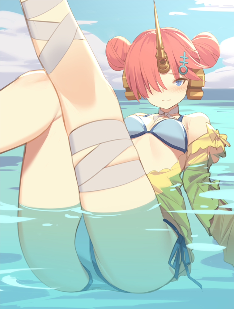 1girl bandaged_leg bandages beach bikini blue_bikini blue_sky breasts clouds day detached_sleeves double_bun fate/grand_order fate_(series) food frankenstein's_monster_(fate) frankenstein's_monster_(swimsuit_saber)_(fate) hair_ornament hair_over_one_eye hairclip headgear horn jacket legs_up outdoors parted_lips partially_submerged pink_hair popsicle short_hair single_detached_sleeve sky sleeves_past_wrists solo swimsuit water yellow_jacket yura_(botyurara)