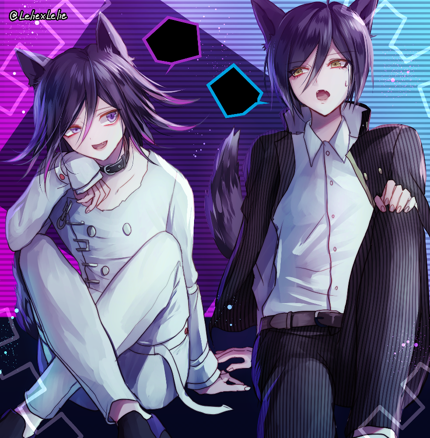 2boys ahoge animal_ears artist_name belt black_collar black_hair black_jacket brown_belt collar collarbone commentary_request dangan_ronpa dog_ears dog_tail eyebrows_visible_through_hair fangs hair_between_eyes jacket long_sleeves male_focus medium_hair multiple_boys new_dangan_ronpa_v3 ouma_kokichi purple_hair saihara_shuuichi school_uniform shirt short_hair sleeves_past_wrists striped striped_jacket striped_legwear tail violet_eyes white_jacket white_legwear white_shirt yellow_eyes z-epto_(chat-noir86)