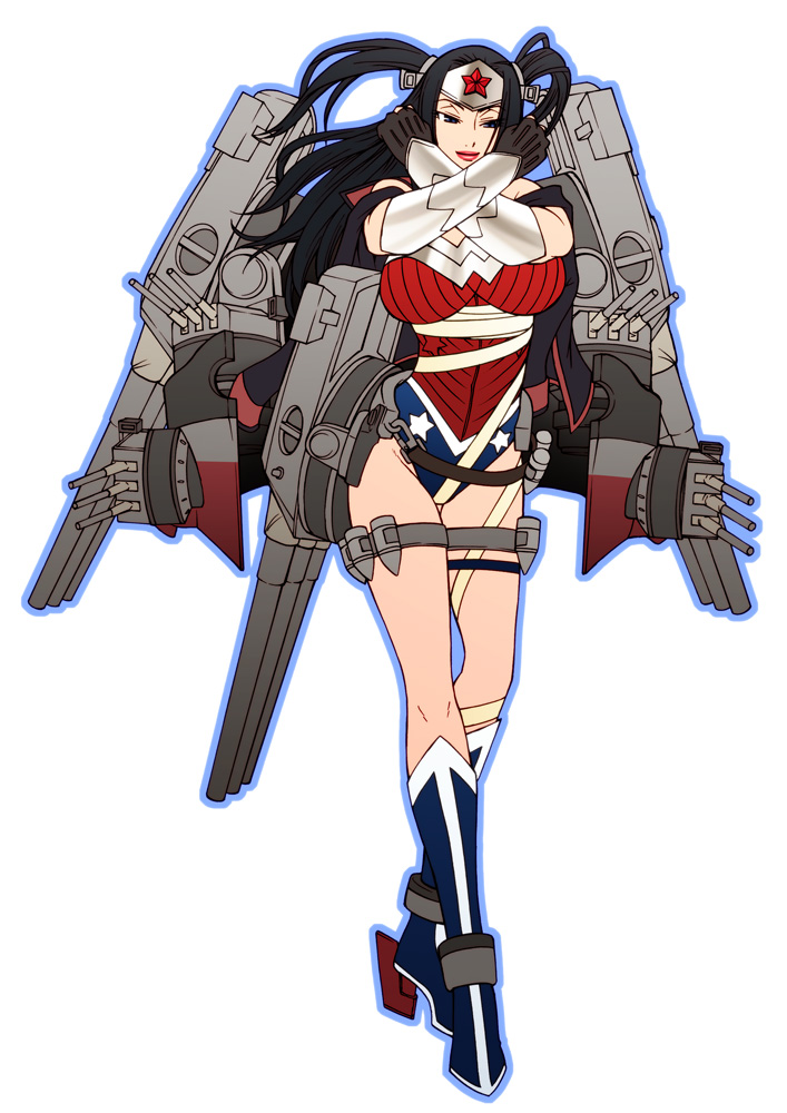 1girl black_hair blue_eyes boots breasts chiba_toshirou crossed_arms dc_comics full_body fusion huge_breasts kantai_collection knee_boots leotard lips long_hair looking_at_viewer mecha_musume musashi_(kantai_collection) outline solo superhero two_side_up wonder_woman wonder_woman_(series)
